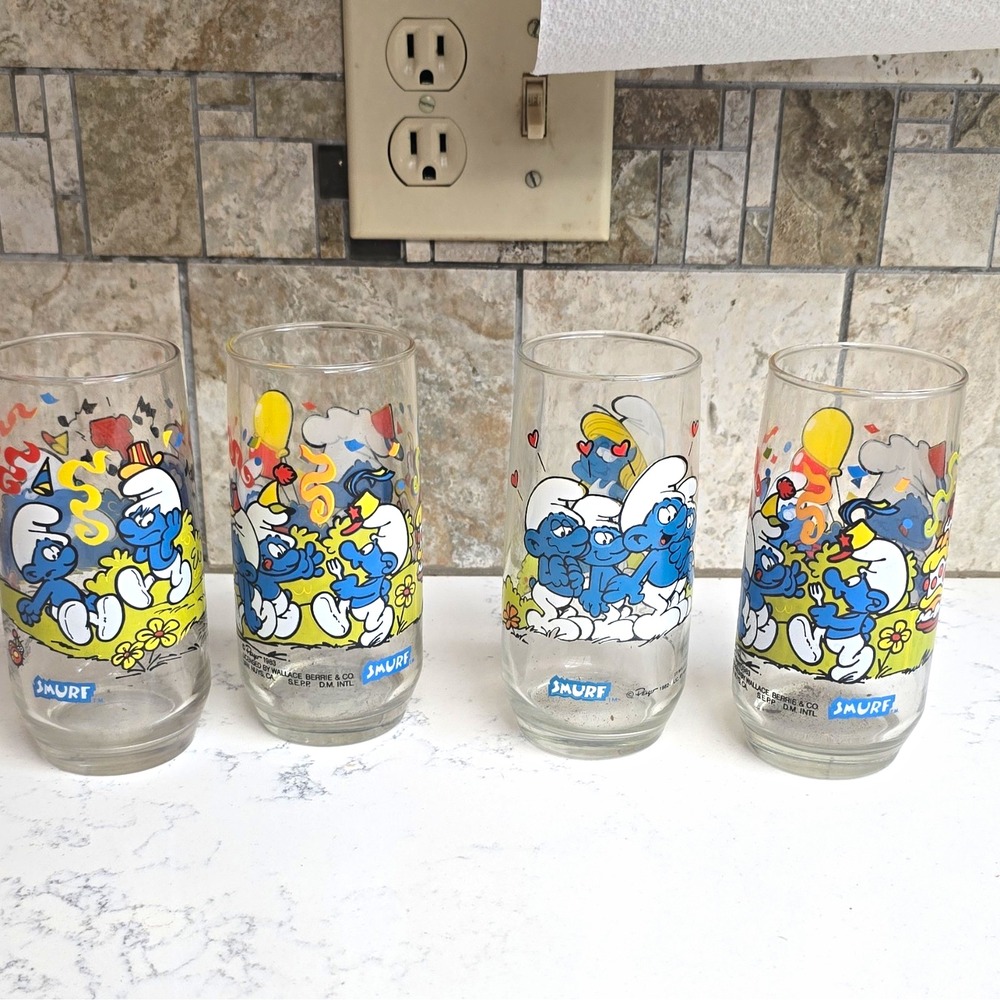 Set of 4 Smurfs Promo Glasses Featuring Smurfette, Baker Smurf, Harmony Smurf